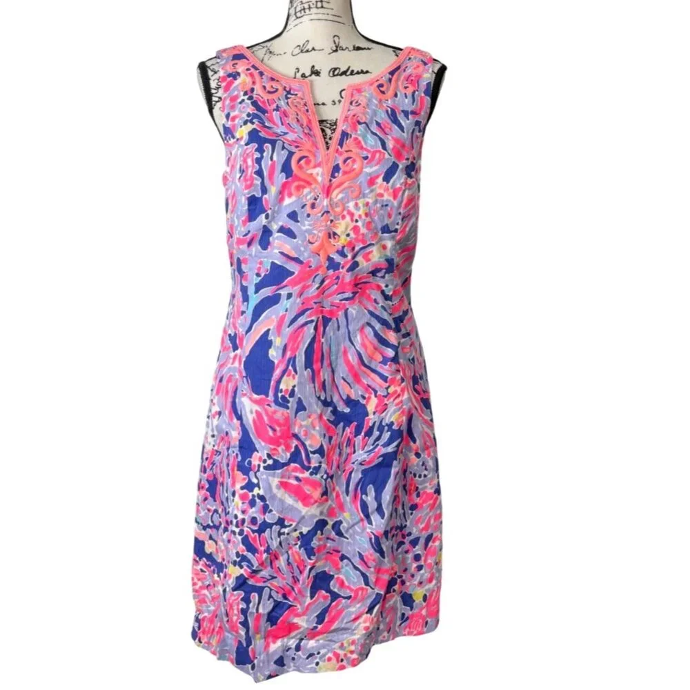 Lilly Pulitzer Lyssa Sleeveless Dress V-Neck Floral Pink Blue Womens Size 6 - Picture 1 of 8